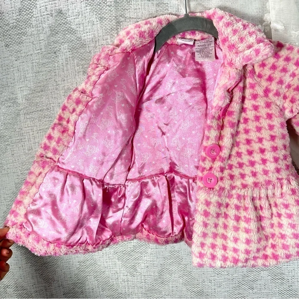 Disney Princess pink checkered faux fur button up coat size 2T